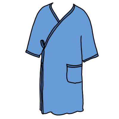 a blue front-opening hospital gown.